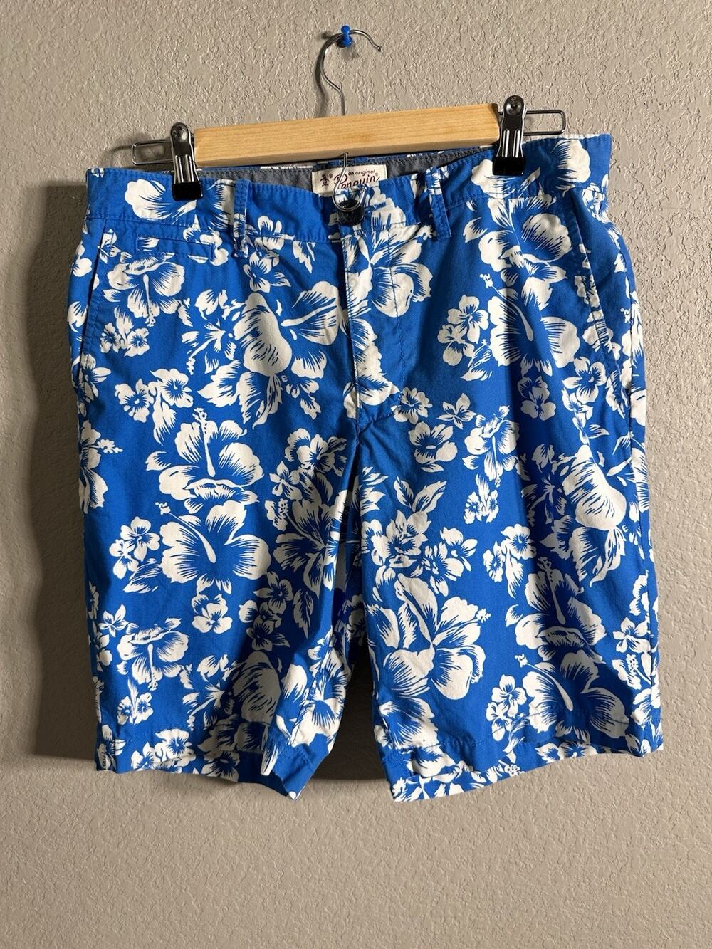 Original Penguin Men's Blue/White Floral Cotton Chino Shorts Flat Front Pockets